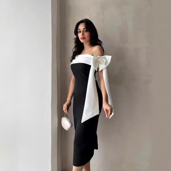 Robe de cocktail élégante Nœud à épaules dénudées – Image 3