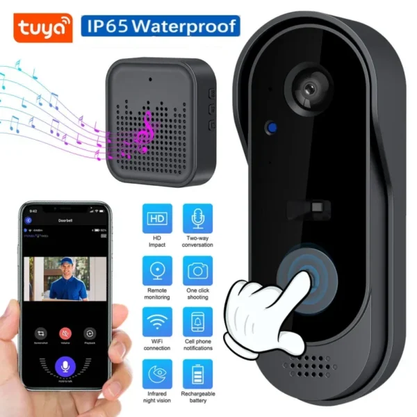 Sonnette vidéo Tuya avec caméra sans fil, Wi-Fi, HD, interphone vidéo de sécurité IR, téléphone extérieur, sonnette de porte